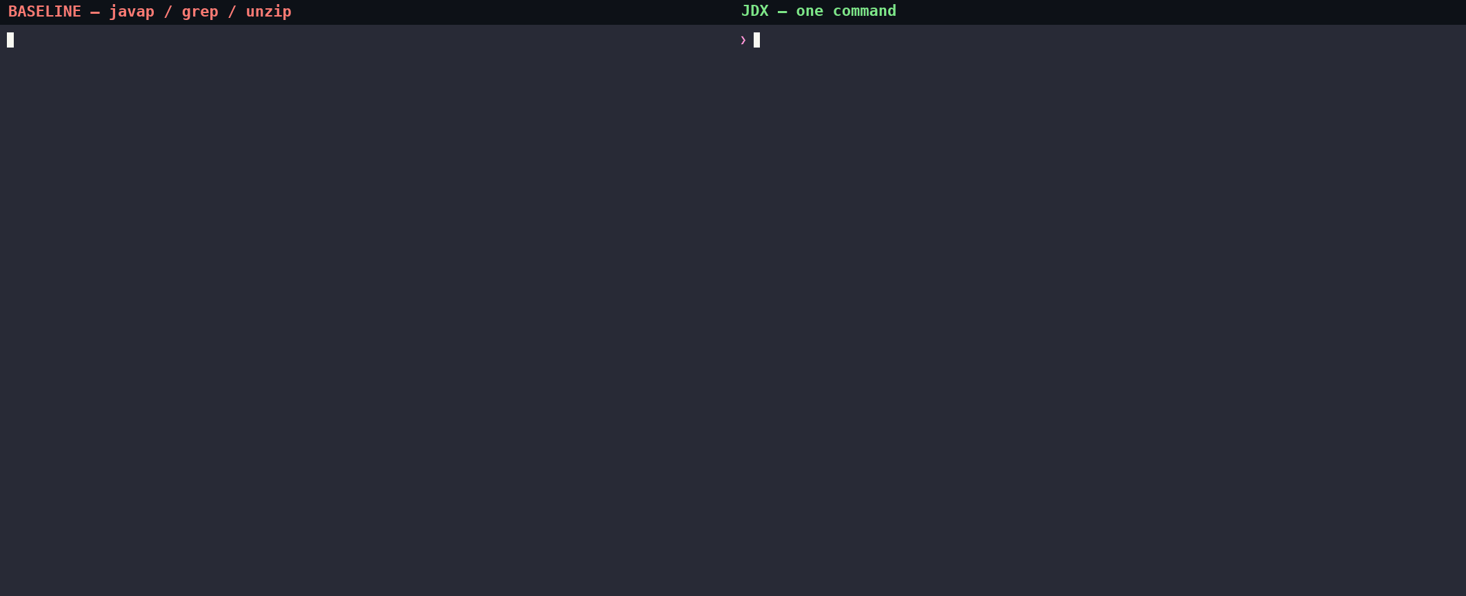 Side-by-side recording: baseline agent using javap and grep versus an agent using jdx to find all System.exit call sites in java.base